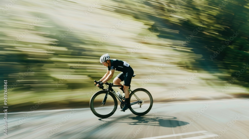 A cyclist riding swiftly on a forest-lined road, surrounded by blurred greenery creating a sense of motion and speed. A cyclist riding swiftly on a forest-lined road, surrounded by blurred greenery creating a sense of motion and speed.