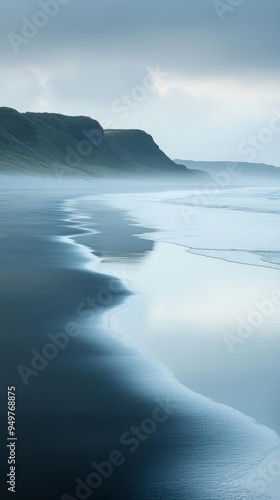 A serene coastal landscape showcasing calm waters and soft beach reflections under a moody sky.