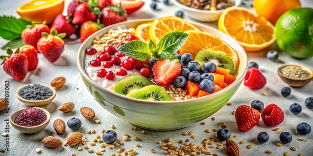 A vibrant bowl overflows with nutrient-dense ingredients, arranged artfully on crisp white, bathed in warm light, evoking sunny optimism and a busy morning routine. A vibrant bowl overflows with nutrient-dense ingredients, arranged artfully on crisp white, bathed in warm light, evoking sunny optimism and a busy morning routine.
