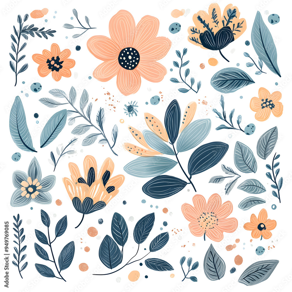 Fototapeta premium floral and leaf on white background in doodle-style tile designs with graphic format.