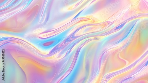 Abstract holographic iridescent background with pastel rainbow colors, fluid waves, and soft light for design or print presentation.