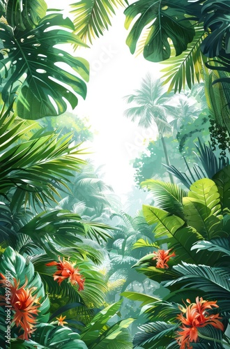 Wallpaper Mural Tropical leaves frame background with white space in the center for text, white background, watercolor illustration style Torontodigital.ca