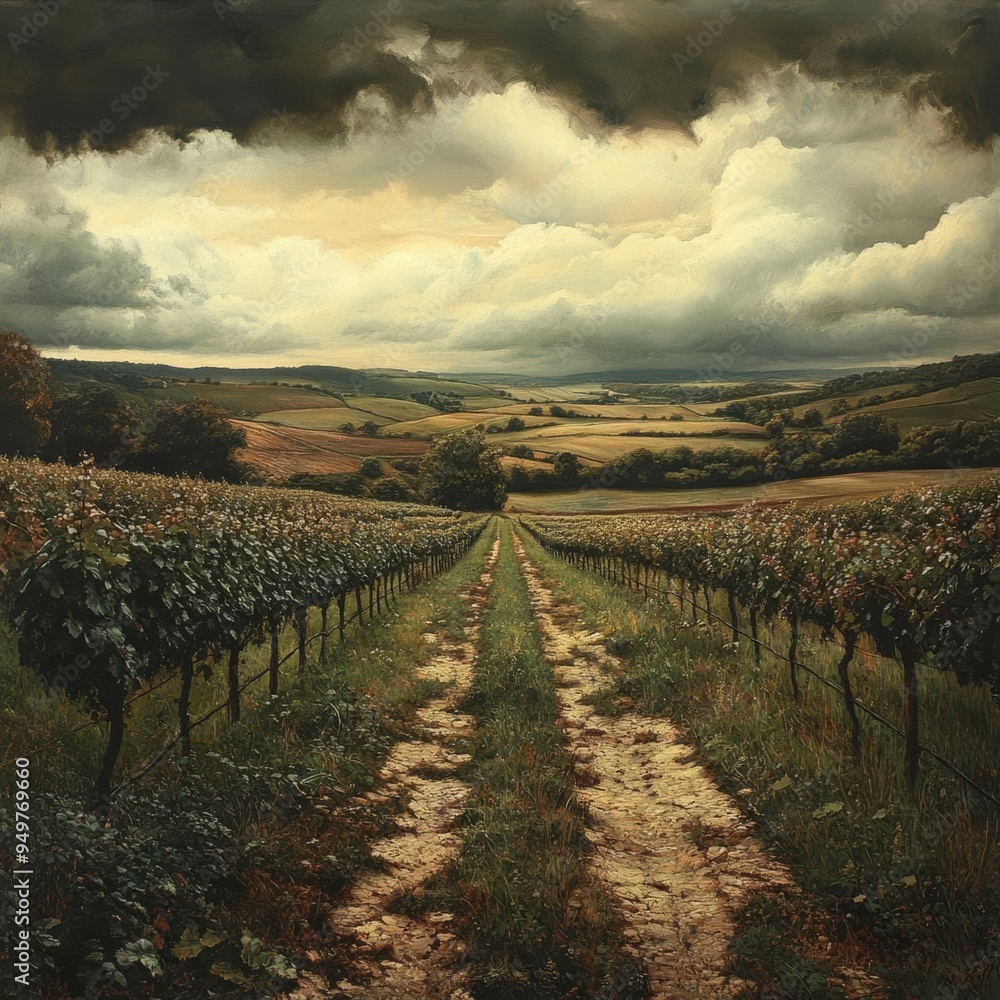 Naklejka premium A scenic vineyard landscape under moody skies, featuring rows of grapevines along a dirt path, capturing the essence of nature.