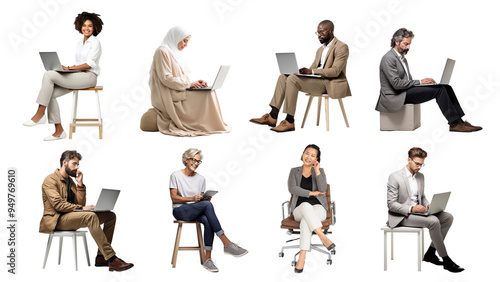 PNG diverse sitting business people design element set, transparent background