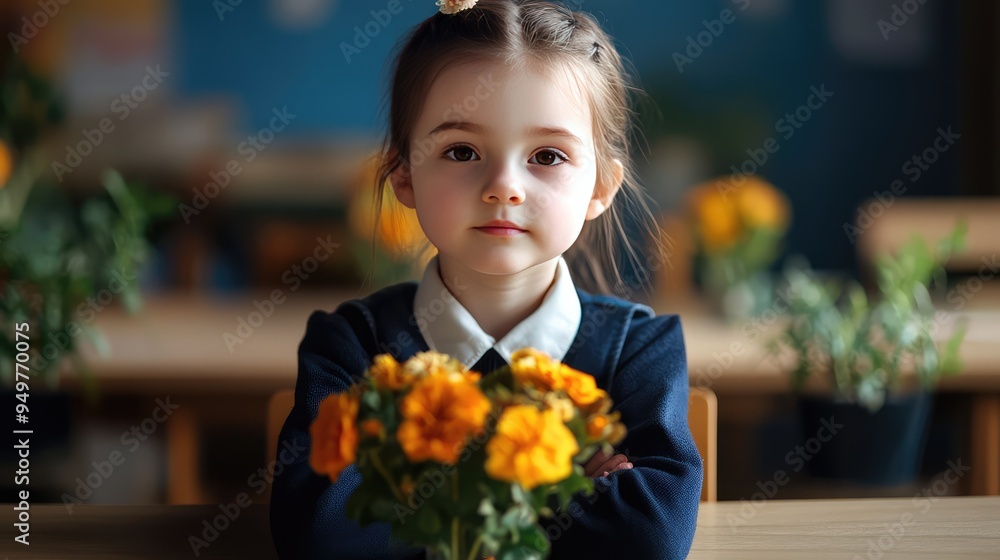First-Grader Girl in School Uniform with Flowers on the Desk, 3D Illustration. AI generated illustration. First-Grader Girl in School Uniform with Flowers on the Desk, 3D Illustration. AI generated illustration.