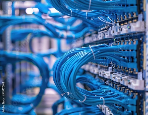 Close up of blue network cables connected to a server in a data center, showcasing organized wiring for optimal data flow photo