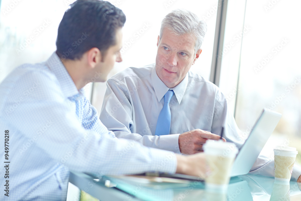 Business, men and discussion at office with laptop on teamwork or collaboration as accountants. Boardroom, employees and strategy for report or feedback on company financial statement and planning Business, men and discussion at office with laptop on teamwork or collaboration as accountants. Boardroom, employees and strategy for report or feedback on company financial statement and planning