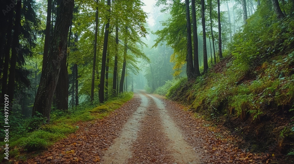 Fototapeta premium A serene forest path surrounded by lush trees and mist, inviting tranquility and exploration in nature's embrace.