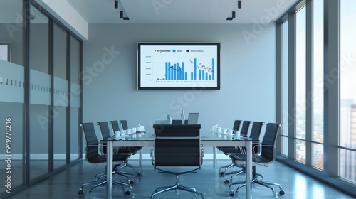 A sleek, modern conference room with large windows and a presentation screen displaying data, ideal for business meetings and strategy sessions.