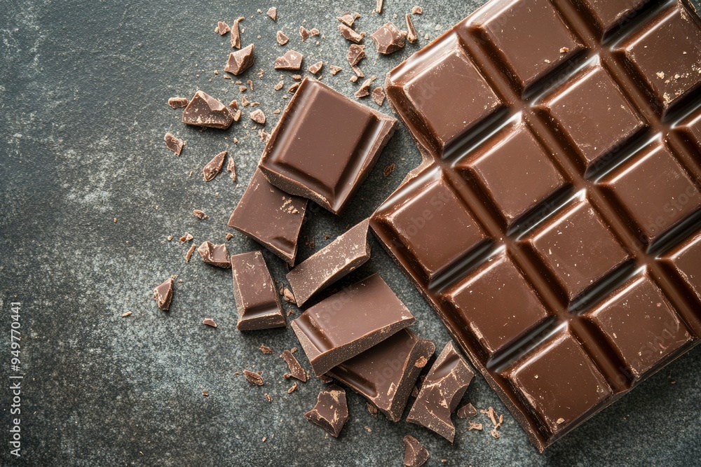 Dark Chocolate Bar Broken into Pieces on a Grey Surface Dark Chocolate Bar Broken into Pieces on a Grey Surface