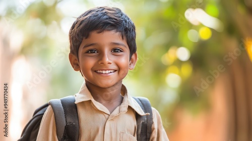 Indian Little Schoolboy with Backpack Smiling, 3D Illustration. AI generated illustration.