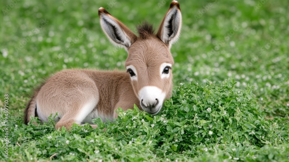 A baby donkey displays its playful nature amidst lush greenery in an olive grove, illuminated by warm, golden sunlight, showcasing its charming features A baby donkey displays its playful nature amidst lush greenery in an olive grove, illuminated by warm, golden sunlight, showcasing its charming features