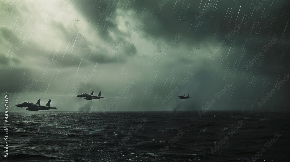 Obraz premium Fighter jets soar over a turbulent ocean under stormy skies, creating a dramatic and intense atmosphere.