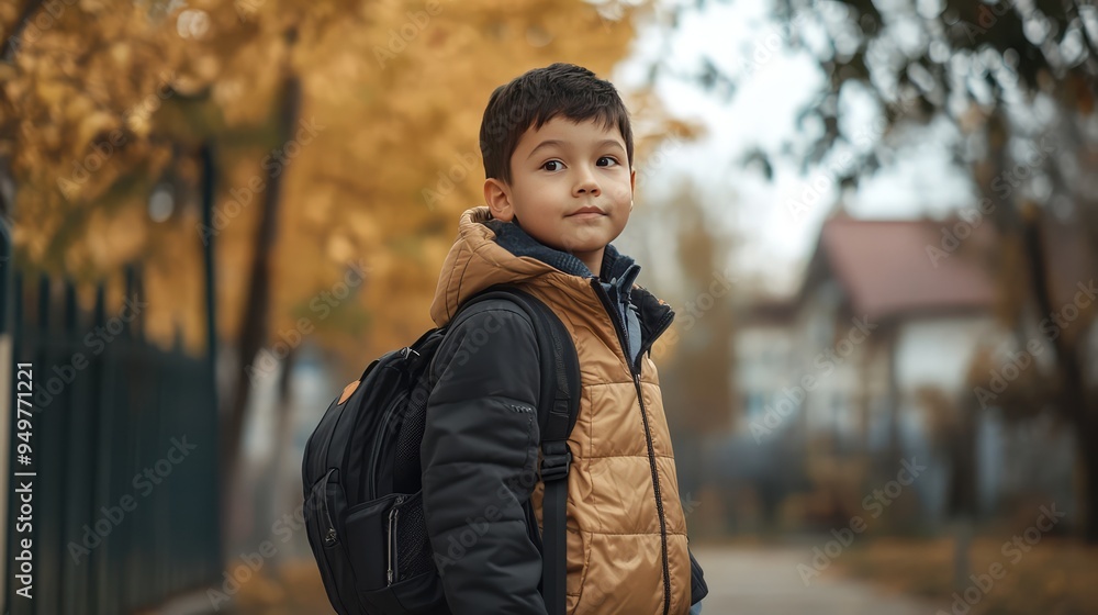 Multiethnic Boy Standing in the Schoolyard with a Backpack, Back to School Concept, Autumn Atmosphere, 3D Illustration. AI generated illustration. Multiethnic Boy Standing in the Schoolyard with a Backpack, Back to School Concept, Autumn Atmosphere, 3D Illustration. AI generated illustration.
