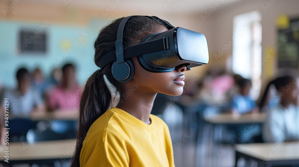 Student Wearing a VR Headset in a Classroom Using AI and Interactive Technology, 3D Illustration. AI generated illustration. Student Wearing a VR Headset in a Classroom Using AI and Interactive Technology, 3D Illustration. AI generated illustration.