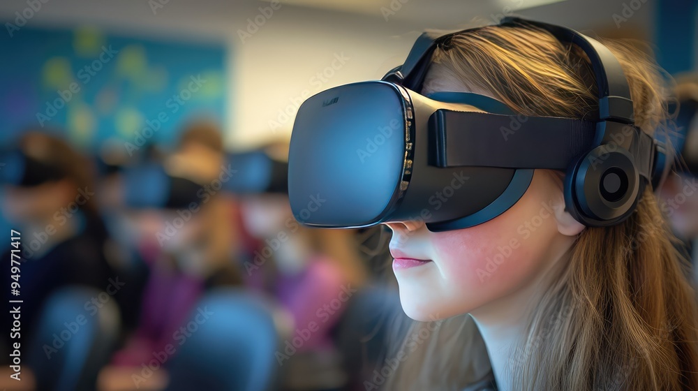 Student Wearing a VR Headset in a Classroom Using AI and Interactive Technology, 3D Illustration. AI generated illustration. Student Wearing a VR Headset in a Classroom Using AI and Interactive Technology, 3D Illustration. AI generated illustration.