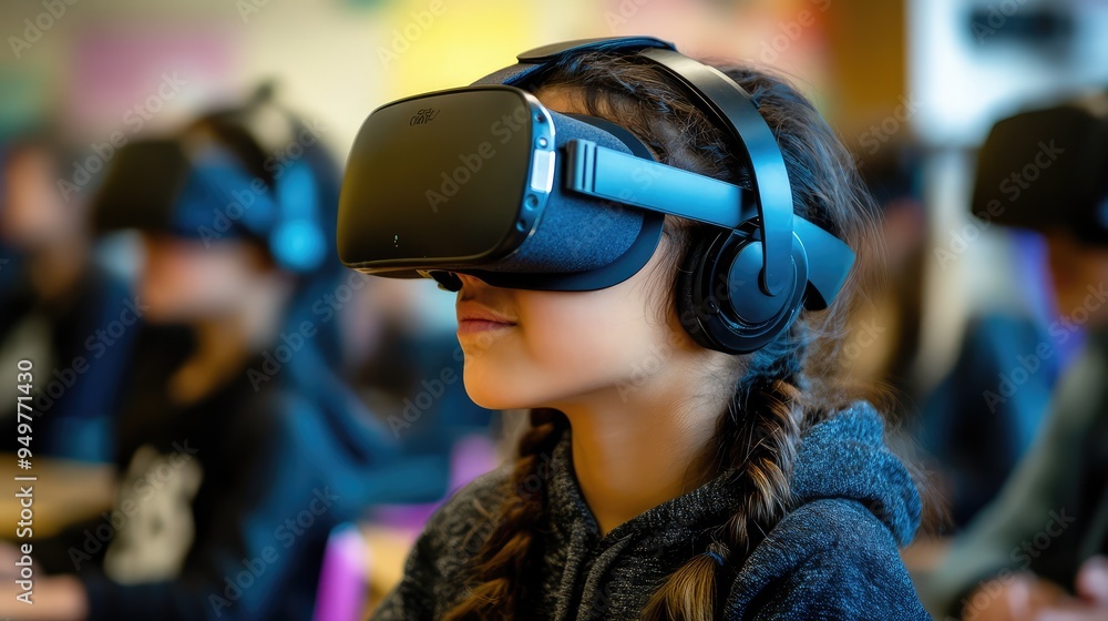 Student Wearing a VR Headset in a Classroom Using AI and Interactive Technology, 3D Illustration. AI generated illustration. Student Wearing a VR Headset in a Classroom Using AI and Interactive Technology, 3D Illustration. AI generated illustration.