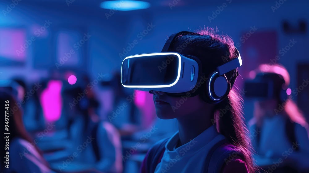 Student Wearing a VR Headset in a Classroom Using AI and Interactive Technology, 3D Illustration. AI generated illustration. Student Wearing a VR Headset in a Classroom Using AI and Interactive Technology, 3D Illustration. AI generated illustration.