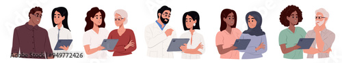 Set of diverse doctors characters. Doctors and patients of different races and ages. Doctors talk to patients using tablet in consultation. Vector illustration in a simple style