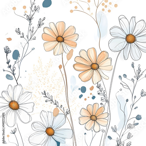 2D illustrator doodle-style floral and leaf graphics on a white background or wallpaper