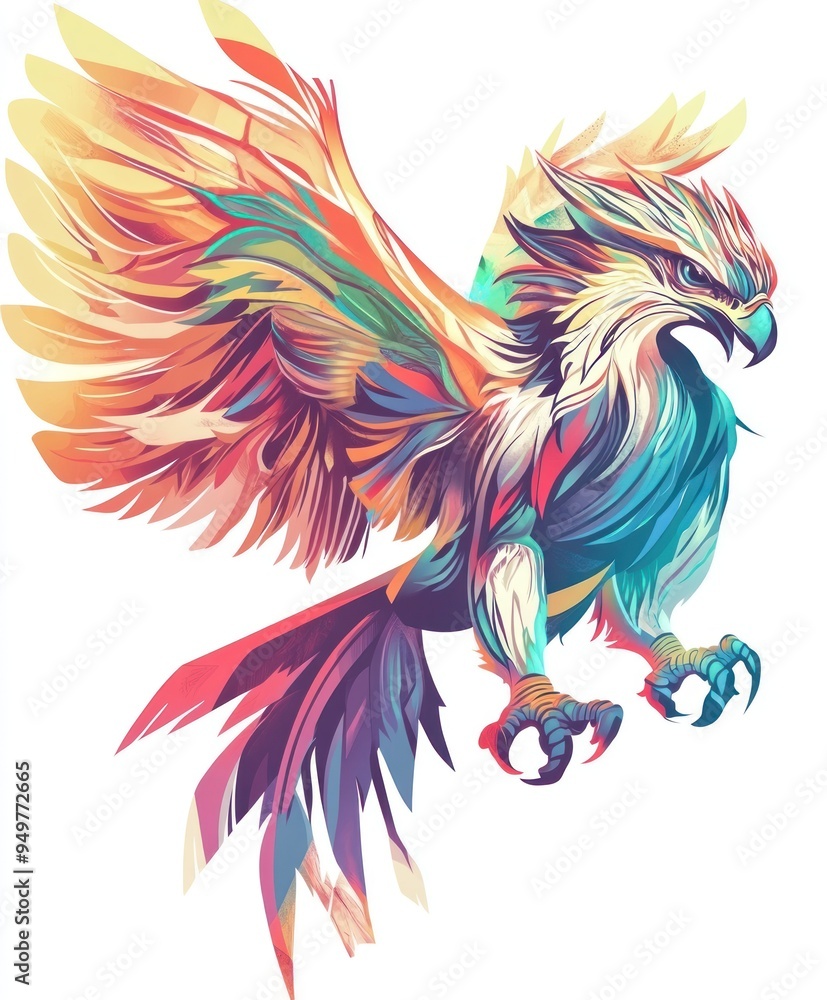 A vibrant, stylized illustration of a mythical bird with colorful feathers in flight. A vibrant, stylized illustration of a mythical bird with colorful feathers in flight.