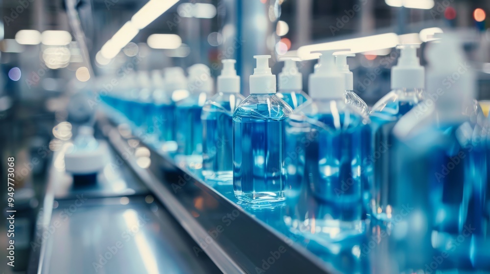 Bottles of blue liquid soap line an industrial conveyor belt in a factory, highlighting the efficiency of modern manufacturing processes. Bottles of blue liquid soap line an industrial conveyor belt in a factory, highlighting the efficiency of modern manufacturing processes.