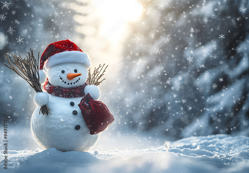 A happy snowman standing in a snowy landscape, wearing a red Santa hat and scarf, holding a broom, with white trees and falling snowflakes in the background. A happy snowman standing in a snowy landscape, wearing a red Santa hat and scarf, holding a broom, with white trees and falling snowflakes in the background.