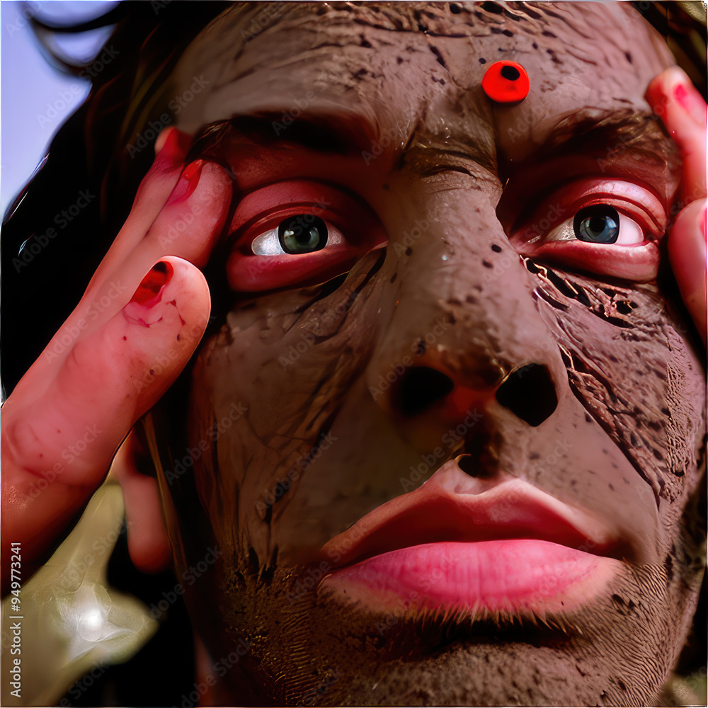 Fototapeta premium Close-up of man's face with glowing red eyes creating a dramatic and intense expression, Glowing red eyes of a man staring at you in the dark