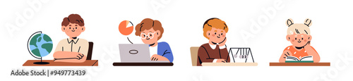 School kids learning and studying subjects. Elementary students education, sitting at desks with book, laptop and globe. Children pupils set. Flat vector illustration isolated on white background