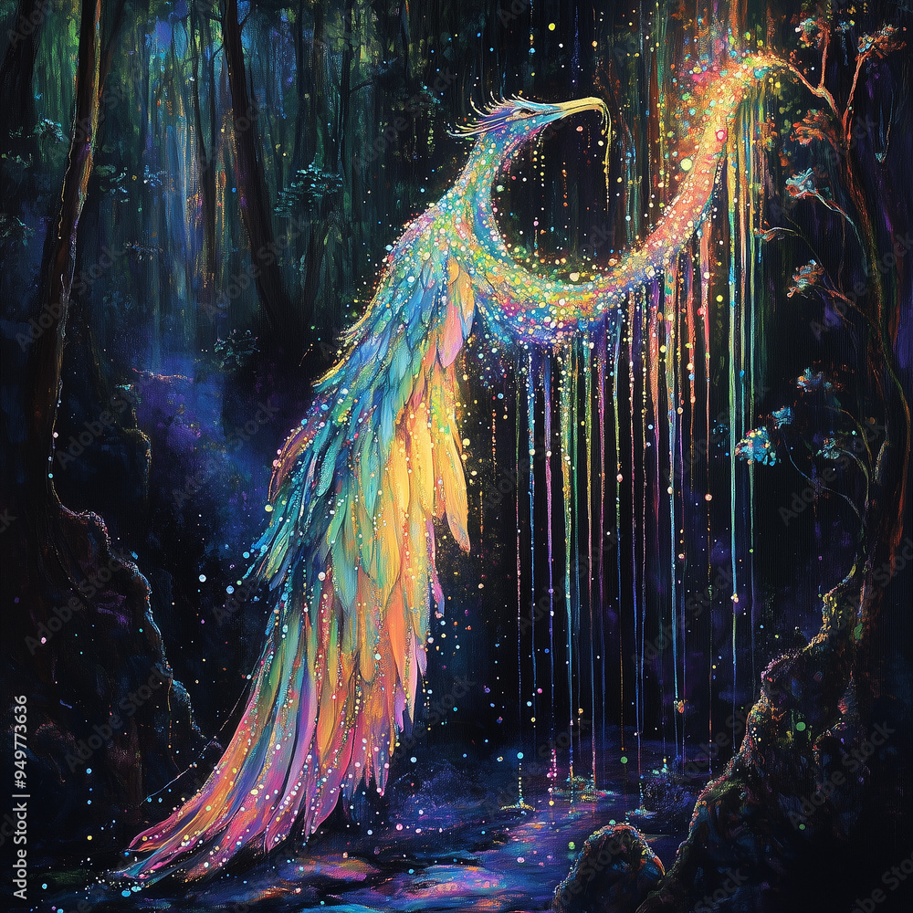 fantastical creature a phoenix or a dragon, with its body dripping in iridescent crystals that catch and reflect every color of the rainbow. The crystals should glisten