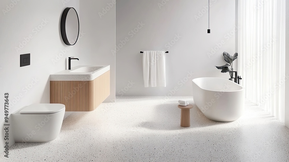 This modern bathroom showcases a wood sink cabinet, a large bathtub, and lush greenery, all enhanced by natural light and a minimalistic design This modern bathroom showcases a wood sink cabinet, a large bathtub, and lush greenery, all enhanced by natural light and a minimalistic design