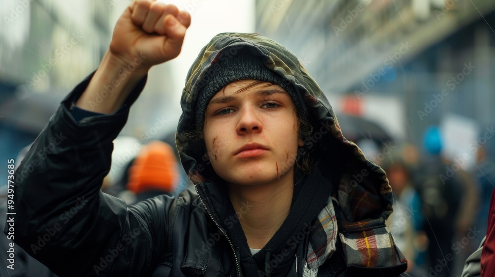 Young protester with a raised fist standing in a crowd during a demonstration. This image captures the spirit of resistance and activism, ideal for content related to social justice and civil rights. Young protester with a raised fist standing in a crowd during a demonstration. This image captures the spirit of resistance and activism, ideal for content related to social justice and civil rights.