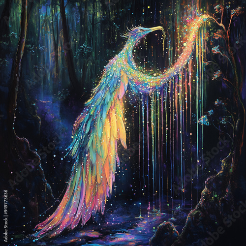 Obraz na płótnie fantastical creature a phoenix or a dragon, with its body dripping in iridescent crystals that catch and reflect every color of the rainbow. The crystals should glisten w salonie