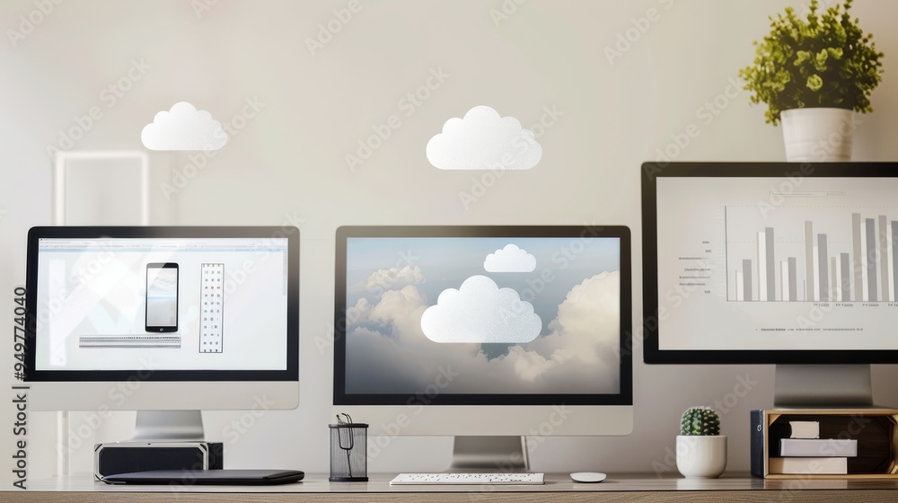 A modern workspace with three screens, cloud icons and charts create a sleek, future-forward ambience. A modern workspace with three screens, cloud icons and charts create a sleek, future-forward ambience.