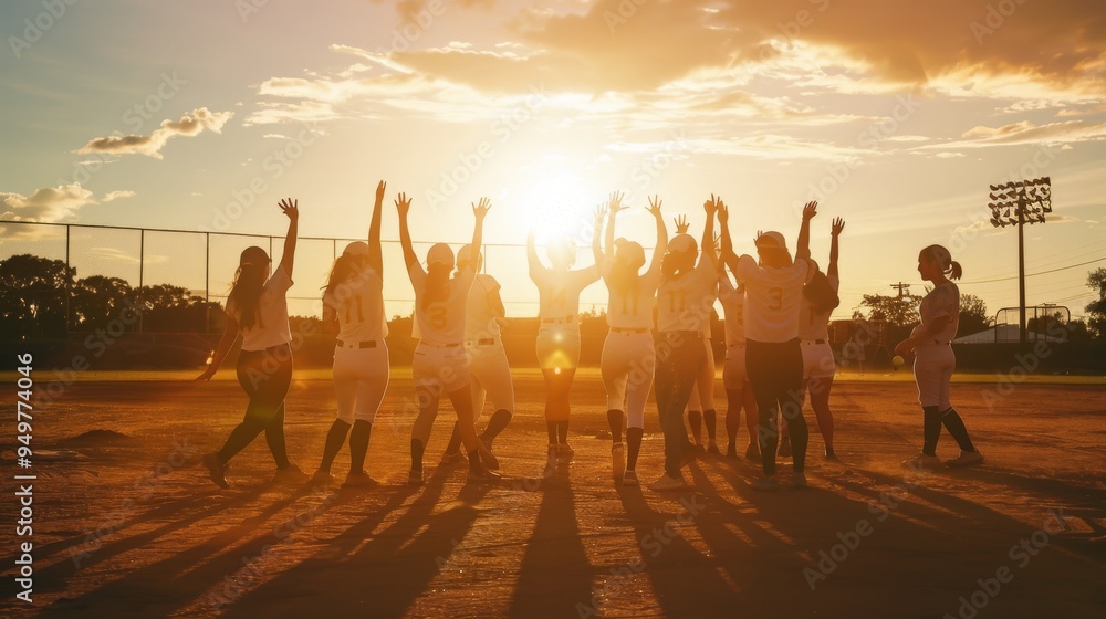 Fototapeta premium A team of women celebrating on a baseball field at sunset, arms raised in victory, capturing the triumph and camaraderie of sports.