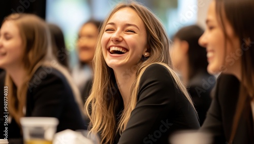 business women in professional attire, smiling and laughing together at an event 