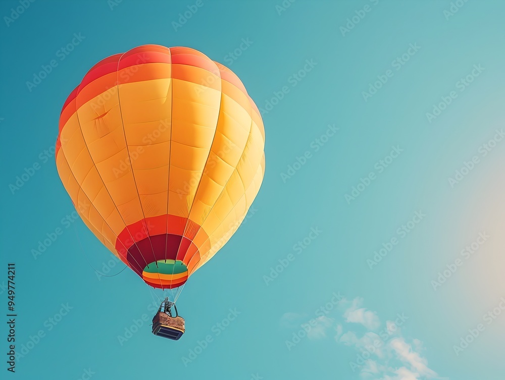 Naklejka premium Vibrant Hot Air Balloon Lifting Off into Clear Blue Sky Representing Freedom and Adventure