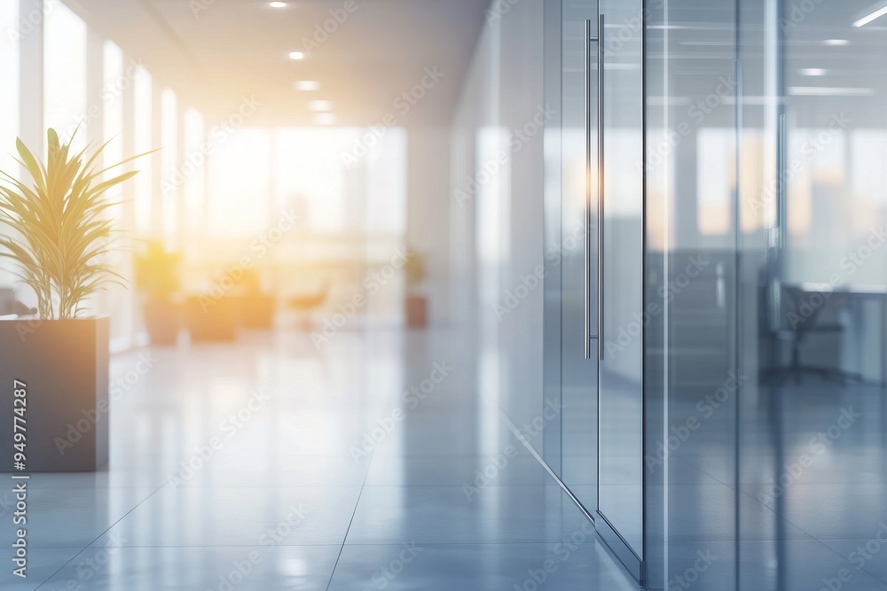 Blurred background of a modern office interior with panoramic windows and a desk in the foreground. Blurred background of a modern office interior with panoramic windows and a desk in the foreground.