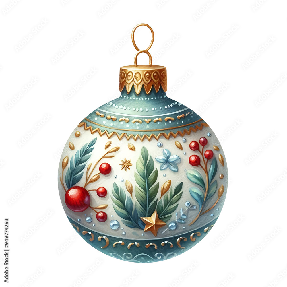 A blue and white ornament with a gold trim and a red star on it. The ornament is decorated with leaves and berries. Watercolor style isolated A blue and white ornament with a gold trim and a red star on it. The ornament is decorated with leaves and berries. Watercolor style isolated