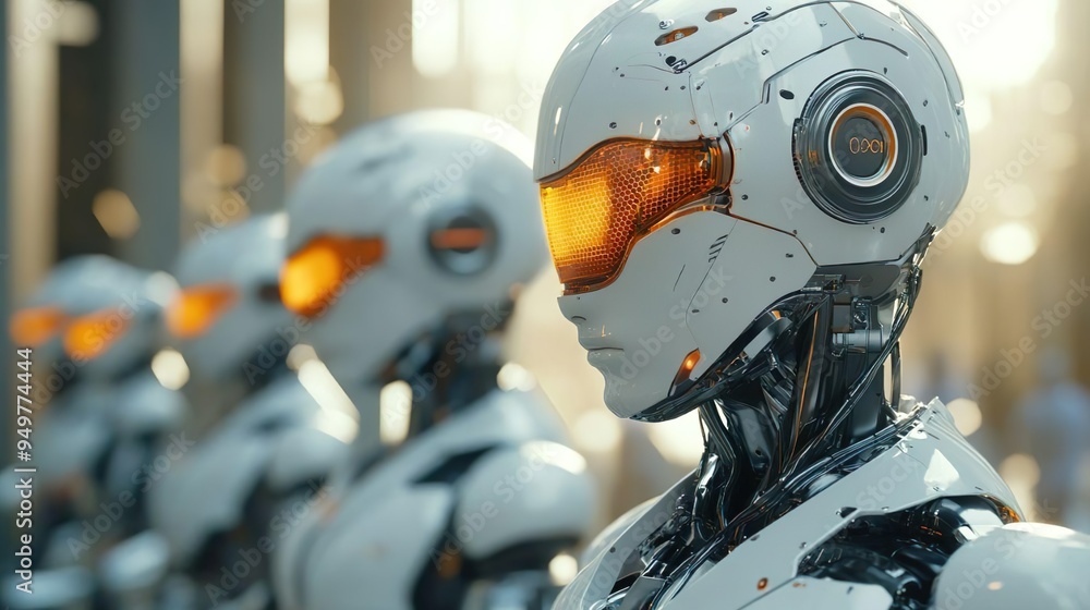 Robot with bright glowing eyes and advanced helmet for high-tech designs Robot with bright glowing eyes and advanced helmet for high-tech designs