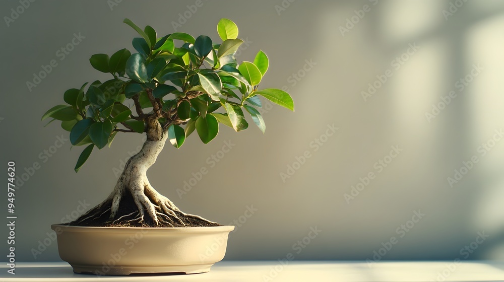 Closeup of a mesmerizing ficus bonsai tree with broad glossy leaves and exposed roots set against a simple calming background with ample copy space for text or design elements Closeup of a mesmerizing ficus bonsai tree with broad glossy leaves and exposed roots set against a simple calming background with ample copy space for text or design elements