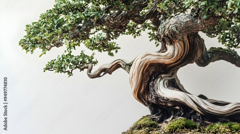 Closeup image of a beautifully gnarled and twisted oak bonsai tree with strong sculptural branches isolated on a plain neutral background with copy space for text or design Closeup image of a beautifully gnarled and twisted oak bonsai tree with strong sculptural branches isolated on a plain neutral background with copy space for text or design