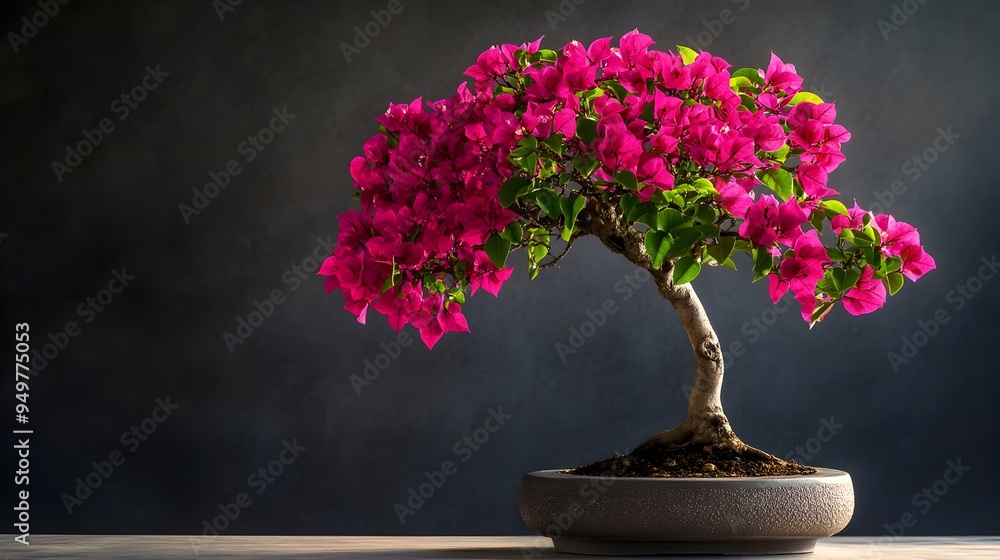 Closeup of a lush and vibrant magenta bougainvillea bonsai tree with delicate colorful flowers blooming against a plain clean background with ample copy space Closeup of a lush and vibrant magenta bougainvillea bonsai tree with delicate colorful flowers blooming against a plain clean background with ample copy space