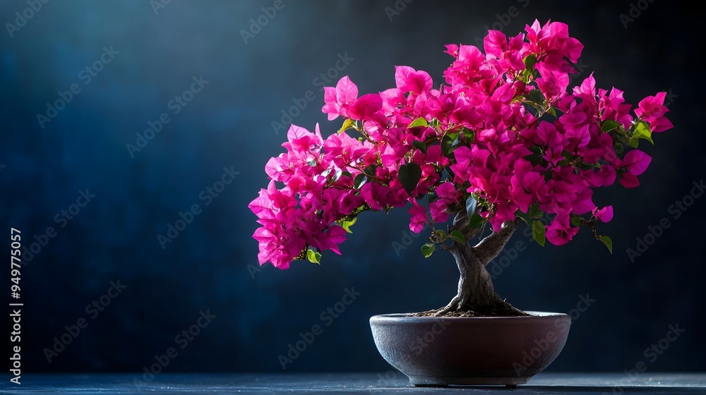 Closeup of a Vibrant Bougainvillea Bonsai Tree with Lush Magenta Flowers Isolated on a Plain Background with Copy Space for Design or Text Closeup of a Vibrant Bougainvillea Bonsai Tree with Lush Magenta Flowers Isolated on a Plain Background with Copy Space for Design or Text