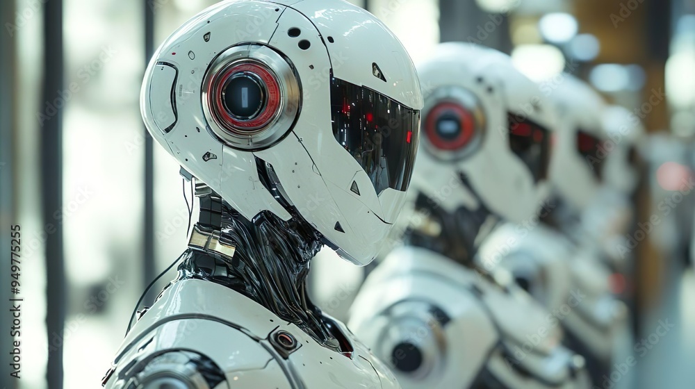 Fototapeta premium Robot with illuminated eyes and tech helmet for high-tech design imagery