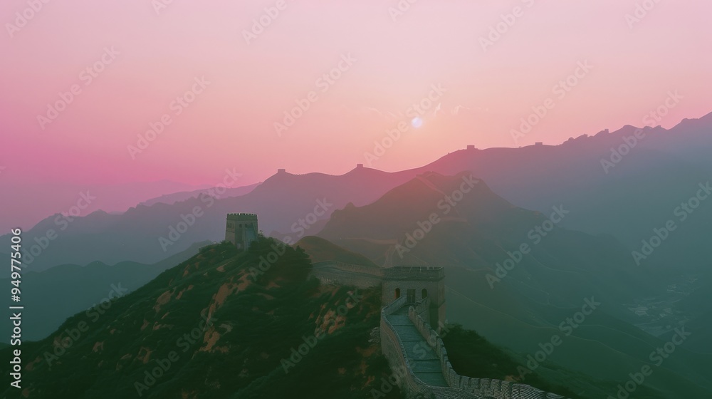 The Great Wall stretches across a misty mountainous landscape at sunrise, creating an ethereal and majestic scene. The Great Wall stretches across a misty mountainous landscape at sunrise, creating an ethereal and majestic scene.