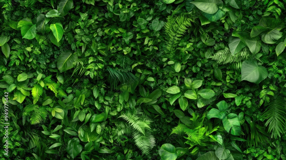 A rich collection of various green leaves forms an organic pattern, showcasing the vibrancy of nature against a dark backdrop SEAMLESS PATTERN