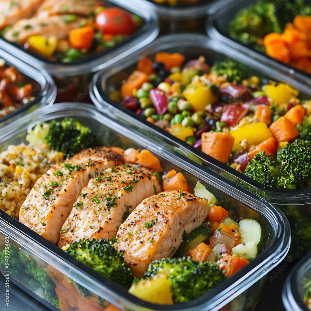 Closeup of a healthy meal prep with containers filled with balanced meals Closeup of a healthy meal prep with containers filled with balanced meals