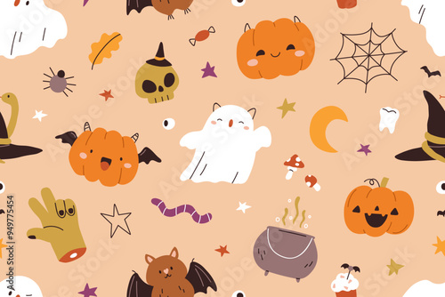 Cute Halloween pattern, seamless October holiday background. Kids texture design, funny repeating print with orange pumpkin, baby ghost, bat and skull. Endless flat vector illustration for wrapping