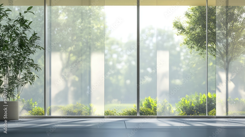 Elegant glass window with soft, diffused light creating a veil of transparency and a blurred view of the outside world. Elegant glass window with soft, diffused light creating a veil of transparency and a blurred view of the outside world.